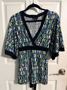 Apostrophe Black Trim V-Neck Printed Blouse in Blue, Green & White